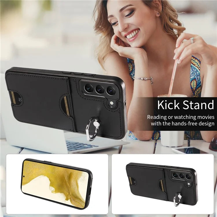 006 For Samsung Galaxy S22+ 5G Case with Ring Holder Card Bag PU TPU Phone Back Cover