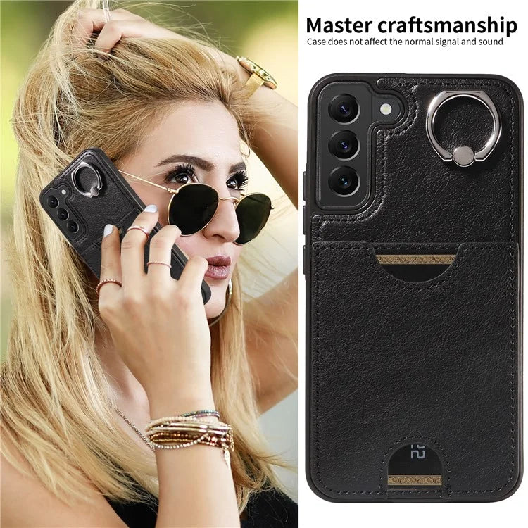 006 For Samsung Galaxy S22+ 5G Case with Ring Holder Card Bag PU TPU Phone Back Cover