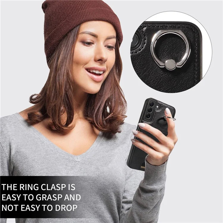 006 For Samsung Galaxy S22+ 5G Case with Ring Holder Card Bag PU TPU Phone Back Cover