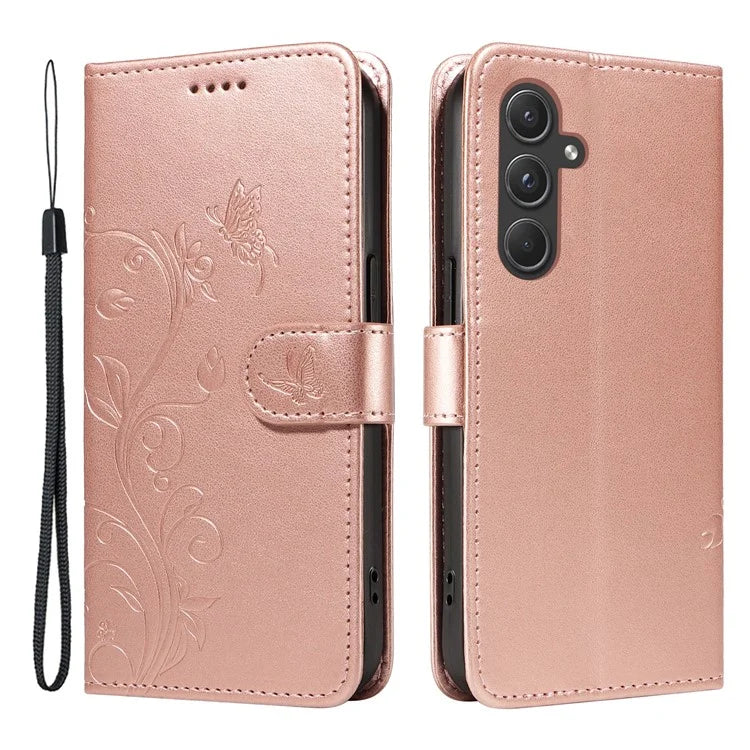 For Samsung Galaxy A55 5G Phone Case Flower Butterfly Pattern Leather Cover
