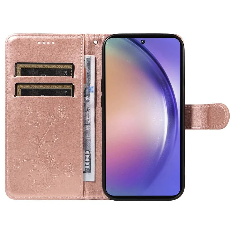 For Samsung Galaxy A55 5G Phone Case Flower Butterfly Pattern Leather Cover