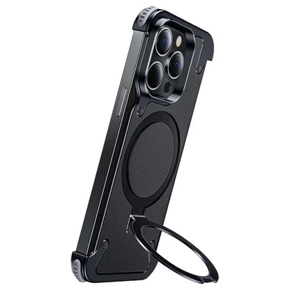 For iPhone 15 Pro Shockproof Case Compatible with MagSafe Aluminium Alloy Genuine Leather Cover