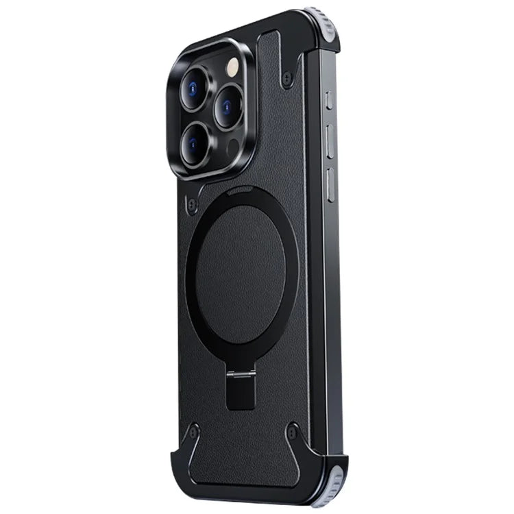 For iPhone 15 Pro Shockproof Case Compatible with MagSafe Aluminium Alloy Genuine Leather Cover