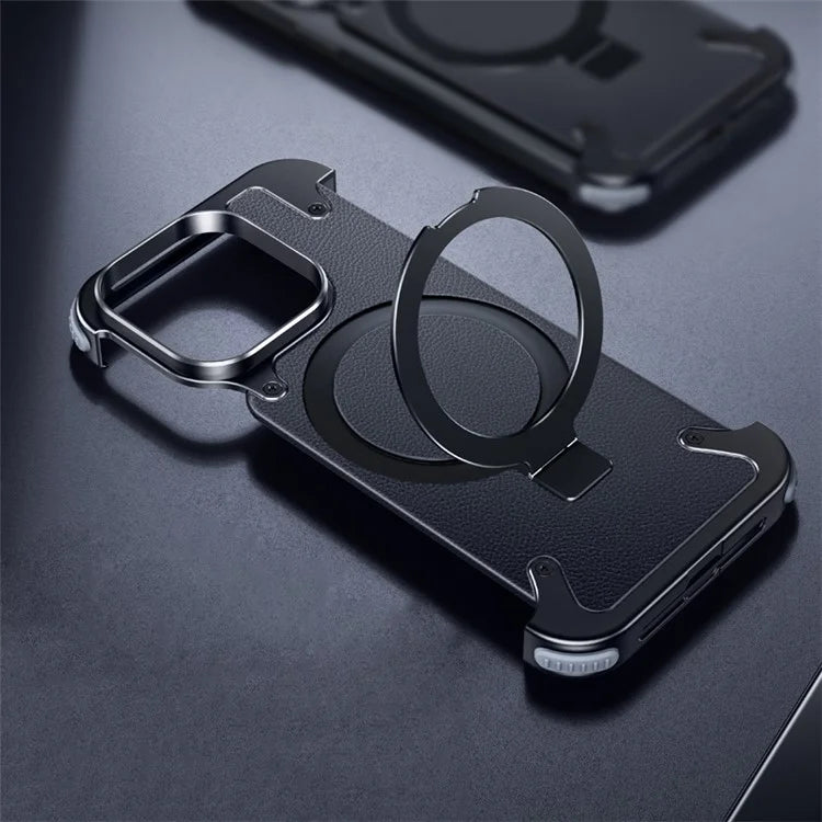 For iPhone 15 Pro Shockproof Case Compatible with MagSafe Aluminium Alloy Genuine Leather Cover