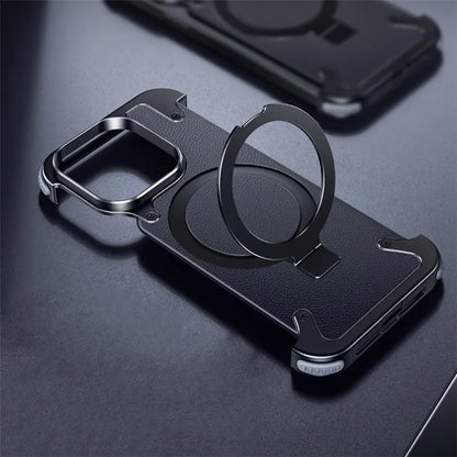 For iPhone 15 Pro Shockproof Case Compatible with MagSafe Aluminium Alloy Genuine Leather Cover