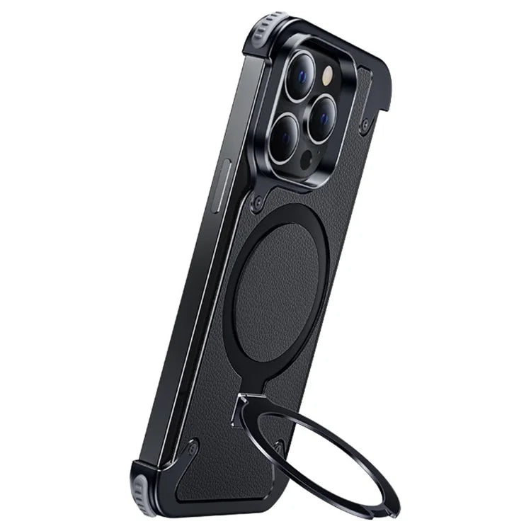 For iPhone 15 Pro Max Magnetic Case with Kickstand Aluminium Alloy Genuine Leather Back Cover