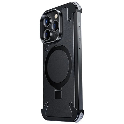 For iPhone 15 Pro Max Magnetic Case with Kickstand Aluminium Alloy Genuine Leather Back Cover