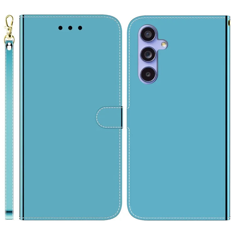For Samsung Galaxy A55 5G Leather Case Mirror-Like Surface Wallet Cover with Strap