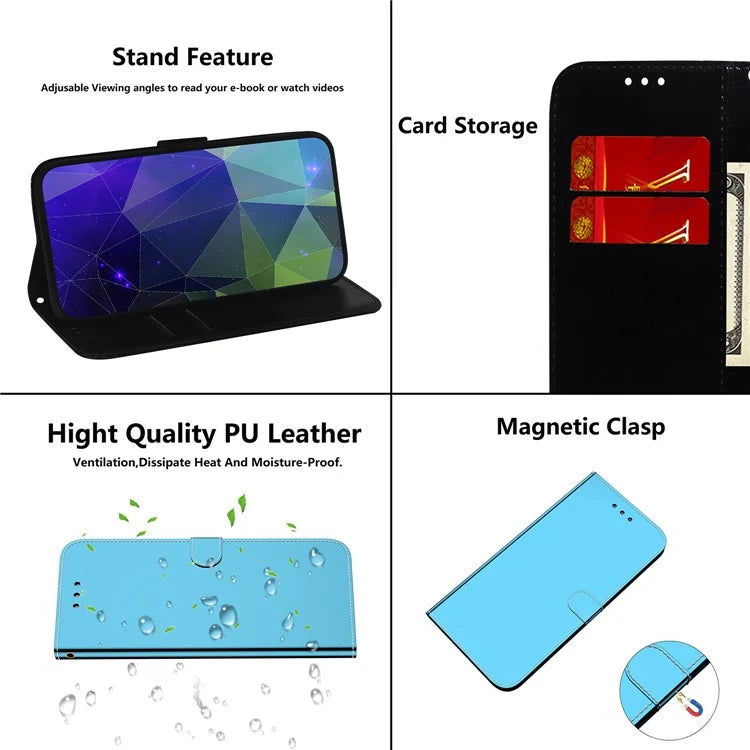 For Samsung Galaxy A55 5G Leather Case Mirror-Like Surface Wallet Cover with Strap