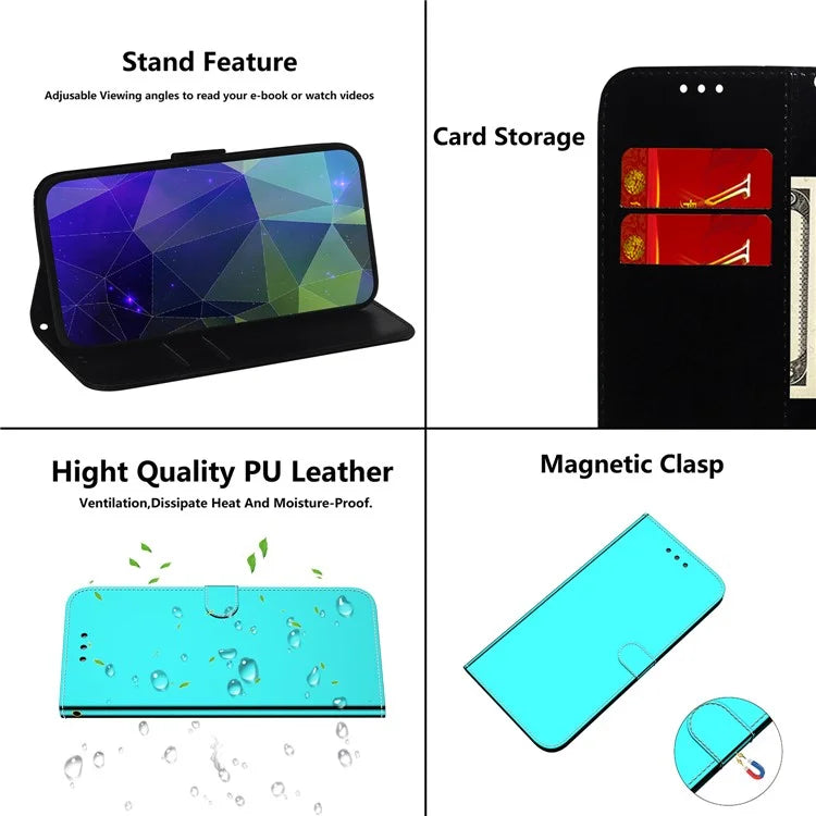 For Samsung Galaxy A55 5G Leather Case Mirror-Like Surface Wallet Cover with Strap