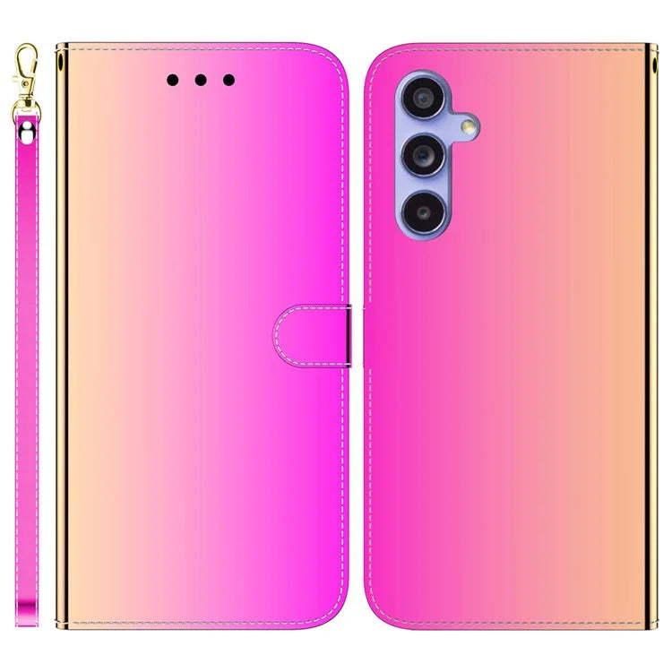 For Samsung Galaxy A55 5G Leather Case Mirror-Like Surface Wallet Cover with Strap