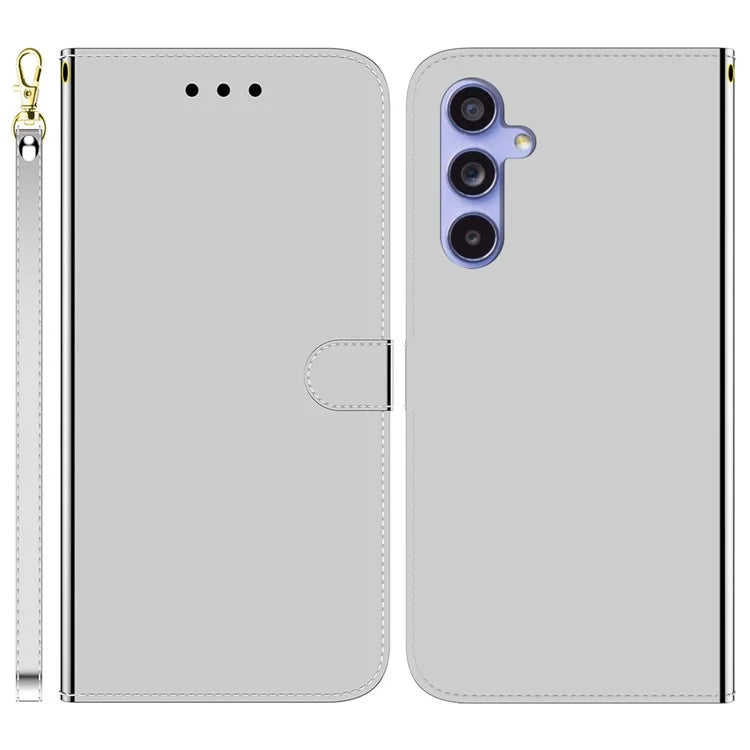 For Samsung Galaxy A55 5G Leather Case Mirror-Like Surface Wallet Cover with Strap