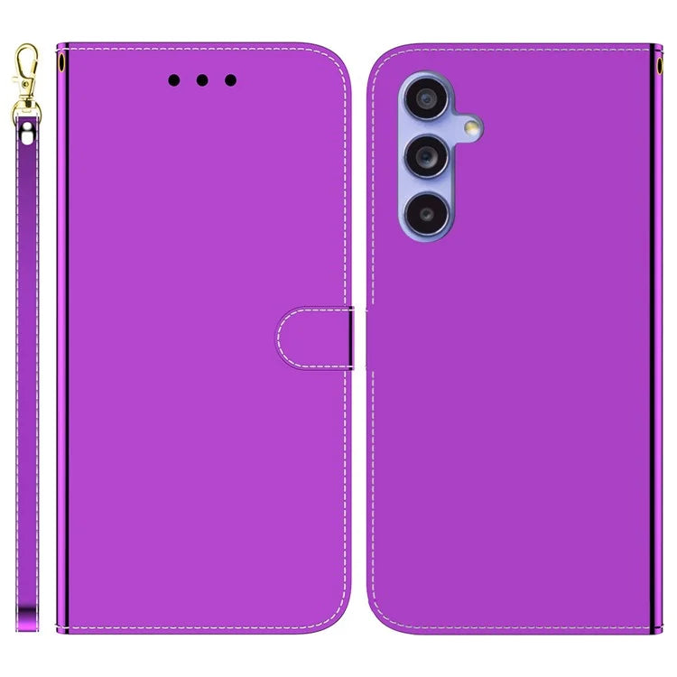 For Samsung Galaxy A55 5G Leather Case Mirror-Like Surface Wallet Cover with Strap