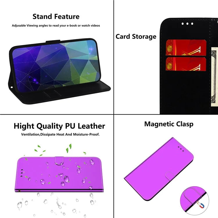 For Samsung Galaxy A55 5G Leather Case Mirror-Like Surface Wallet Cover with Strap