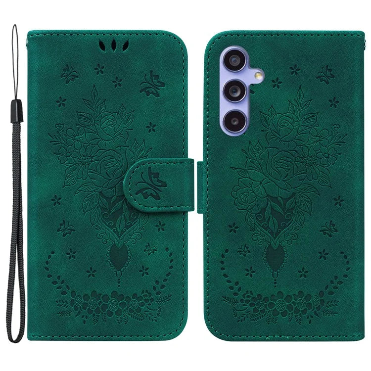 For Samsung Galaxy A55 5G Leather Case Rose Butterfly Imprinted Phone Cover