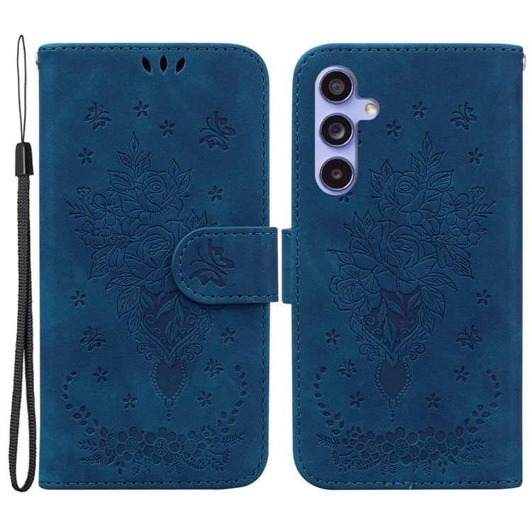 For Samsung Galaxy A55 5G Leather Case Rose Butterfly Imprinted Phone Cover