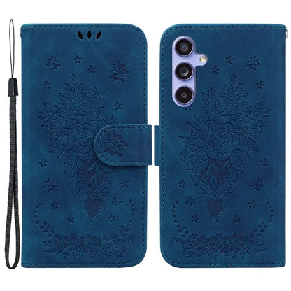 For Samsung Galaxy A55 5G Leather Case Rose Butterfly Imprinted Phone Cover