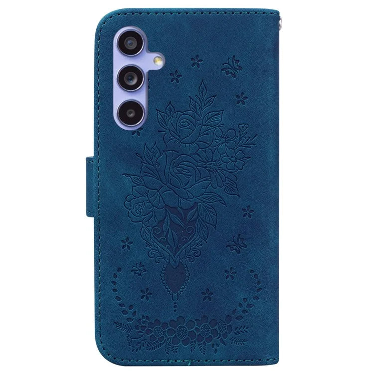 For Samsung Galaxy A55 5G Leather Case Rose Butterfly Imprinted Phone Cover