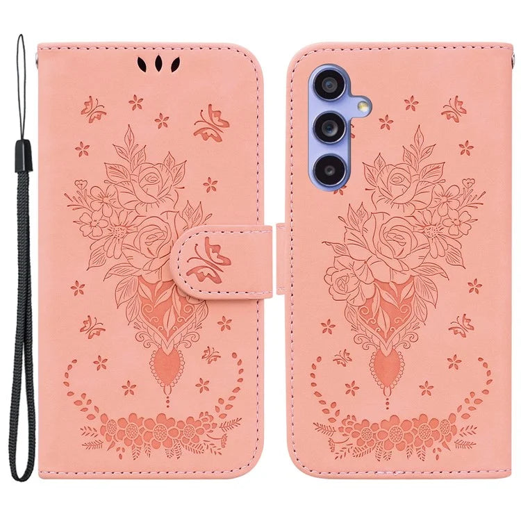 For Samsung Galaxy A55 5G Leather Case Rose Butterfly Imprinted Phone Cover