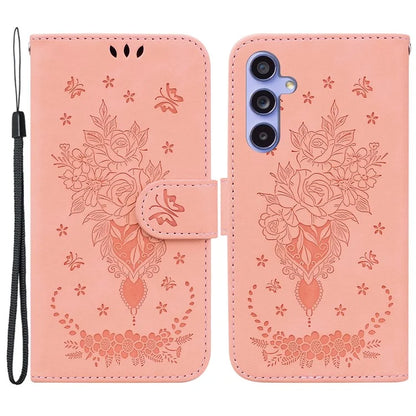 For Samsung Galaxy A55 5G Leather Case Rose Butterfly Imprinted Phone Cover