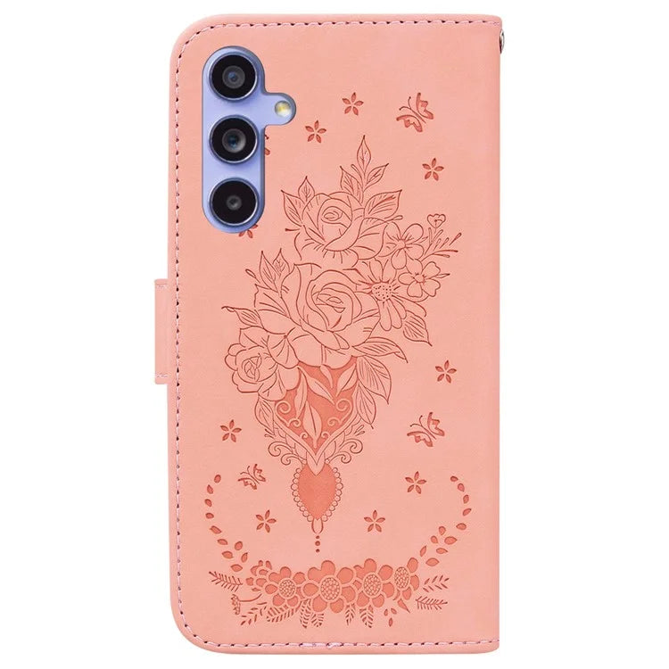 For Samsung Galaxy A55 5G Leather Case Rose Butterfly Imprinted Phone Cover