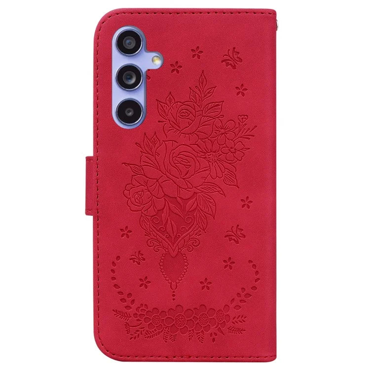 For Samsung Galaxy A55 5G Leather Case Rose Butterfly Imprinted Phone Cover