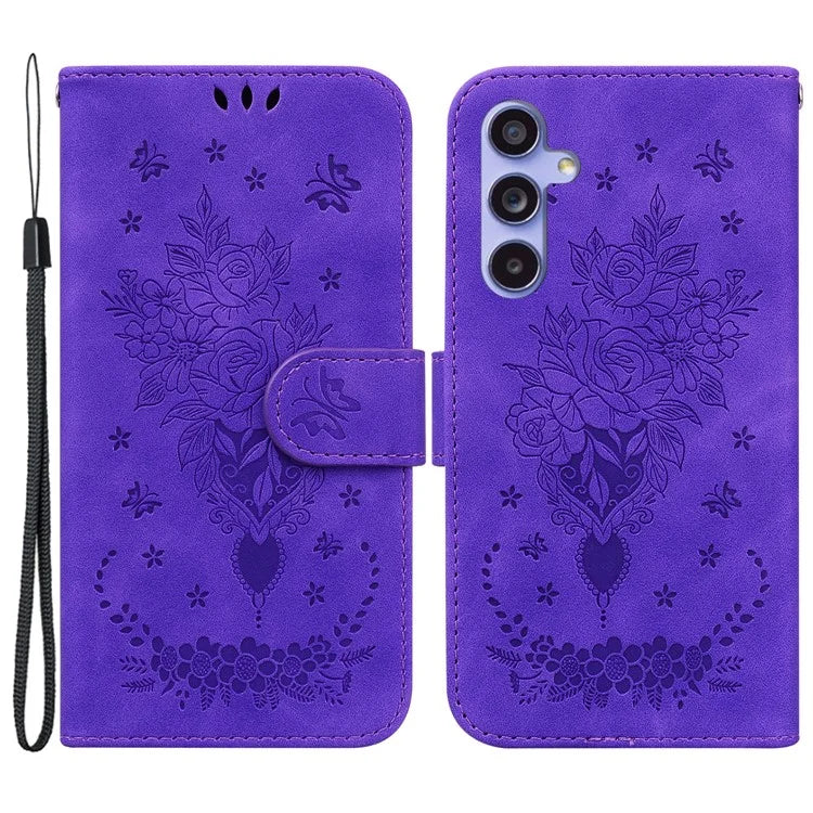 For Samsung Galaxy A55 5G Leather Case Rose Butterfly Imprinted Phone Cover