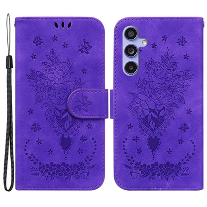 For Samsung Galaxy A55 5G Leather Case Rose Butterfly Imprinted Phone Cover