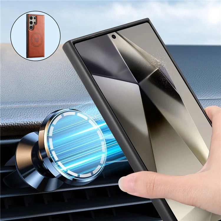 DENIOR For Samsung Galaxy S24 Ultra Magnetic Case Cowhide Texture Leather Back Cover