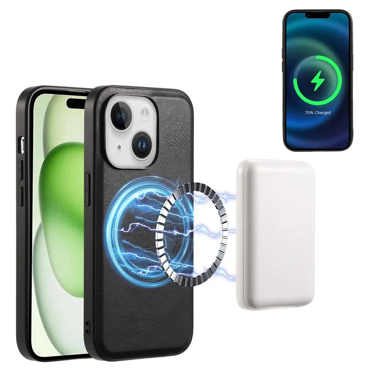 DENIOR Magnetic Phone Case for iPhone 15 Cowhide Texture PU Leather Back Cover