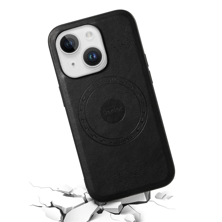 DENIOR Magnetic Phone Case for iPhone 15 Cowhide Texture PU Leather Back Cover