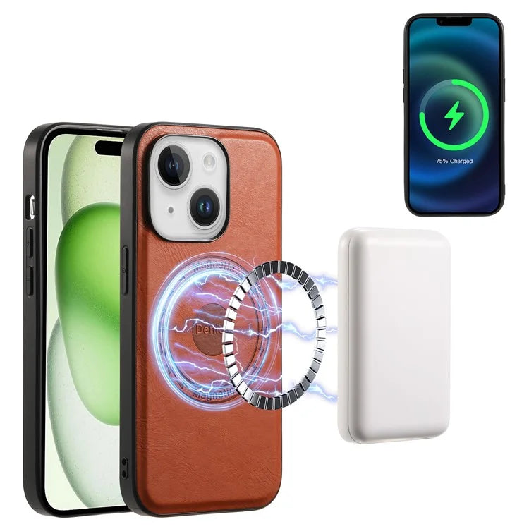 DENIOR Magnetic Phone Case for iPhone 15 Cowhide Texture PU Leather Back Cover