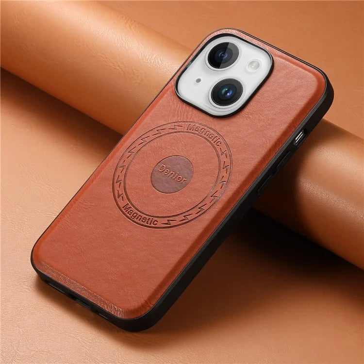DENIOR Magnetic Phone Case for iPhone 15 Cowhide Texture PU Leather Back Cover