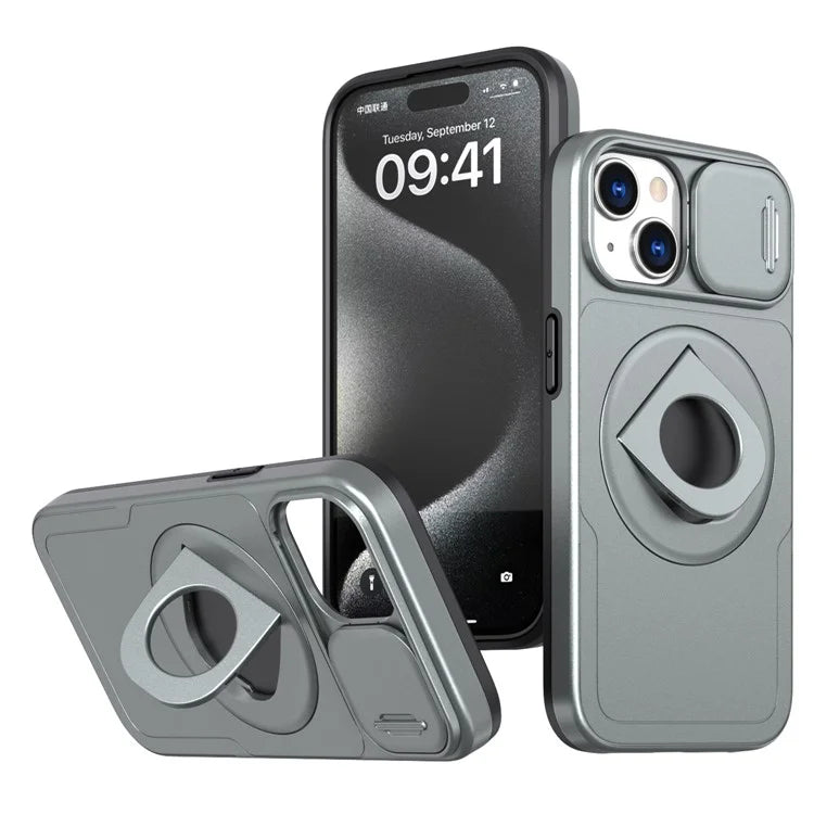 For iPhone 13 / 14 Phone Case Kickstand Magnetic Back Shell with Slide Camera Cover