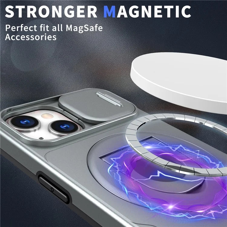 For iPhone 13 / 14 Phone Case Kickstand Magnetic Back Shell with Slide Camera Cover