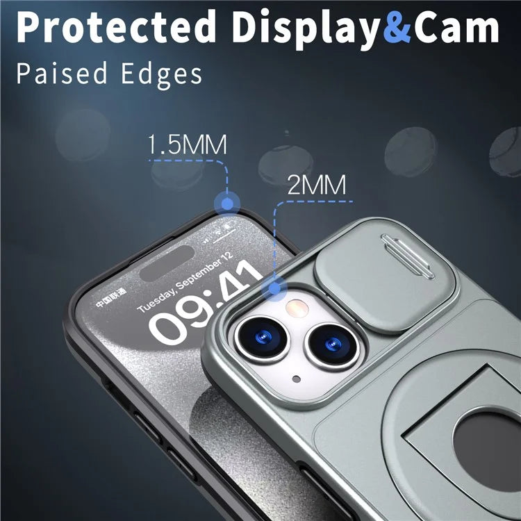 For iPhone 13 / 14 Phone Case Kickstand Magnetic Back Shell with Slide Camera Cover