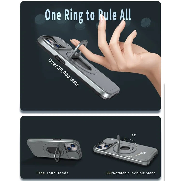 For iPhone 13 / 14 Phone Case Kickstand Magnetic Back Shell with Slide Camera Cover