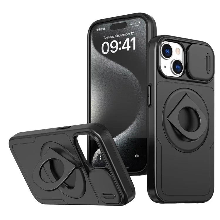 For iPhone 13 / 14 Phone Case Kickstand Magnetic Back Shell with Slide Camera Cover
