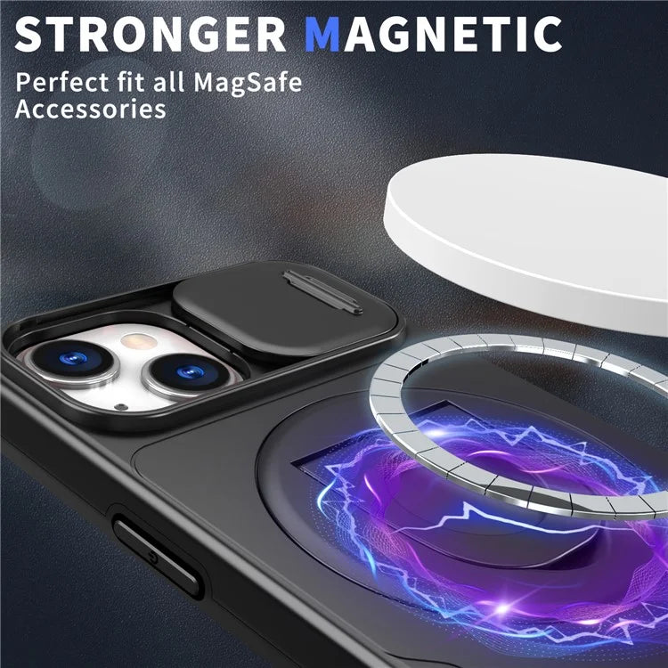 For iPhone 13 / 14 Phone Case Kickstand Magnetic Back Shell with Slide Camera Cover