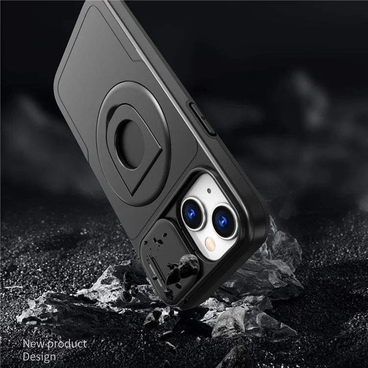 For iPhone 13 / 14 Phone Case Kickstand Magnetic Back Shell with Slide Camera Cover