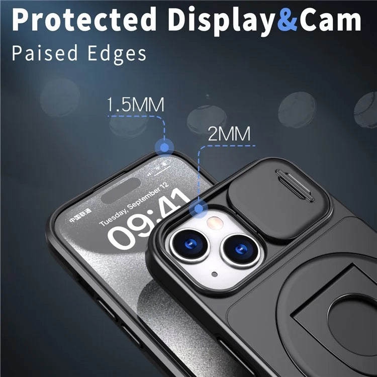 For iPhone 13 / 14 Phone Case Kickstand Magnetic Back Shell with Slide Camera Cover