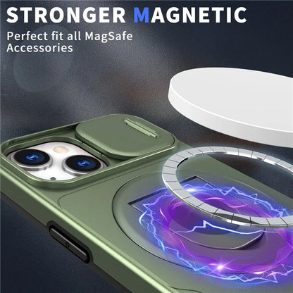 For iPhone 13 / 14 Phone Case Kickstand Magnetic Back Shell with Slide Camera Cover
