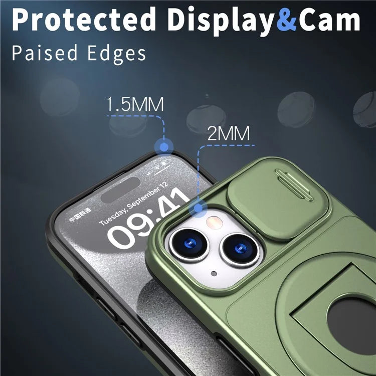 For iPhone 13 / 14 Phone Case Kickstand Magnetic Back Shell with Slide Camera Cover