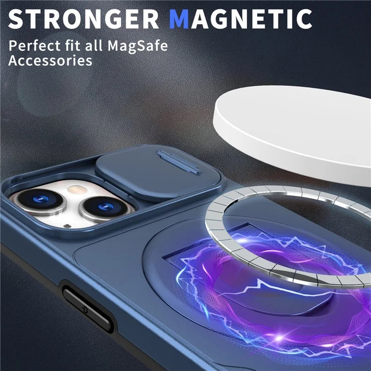 For iPhone 13 / 14 Phone Case Kickstand Magnetic Back Shell with Slide Camera Cover