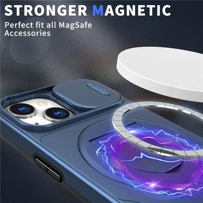 For iPhone 13 / 14 Phone Case Kickstand Magnetic Back Shell with Slide Camera Cover