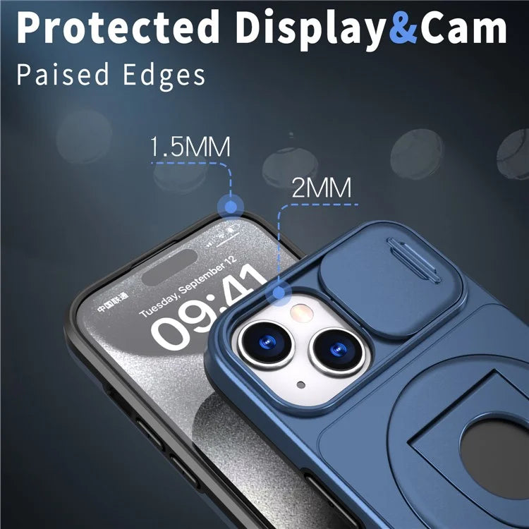 For iPhone 13 / 14 Phone Case Kickstand Magnetic Back Shell with Slide Camera Cover