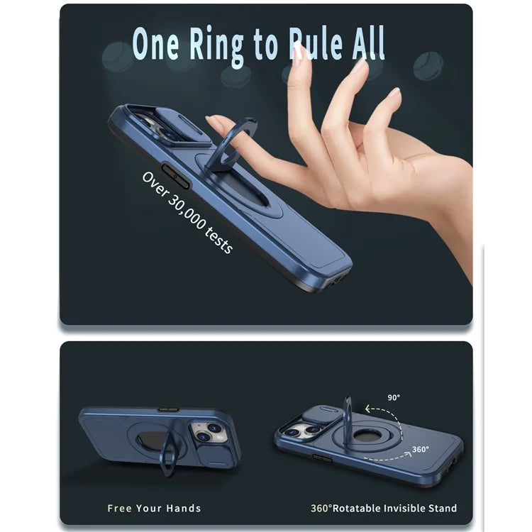 For iPhone 13 / 14 Phone Case Kickstand Magnetic Back Shell with Slide Camera Cover
