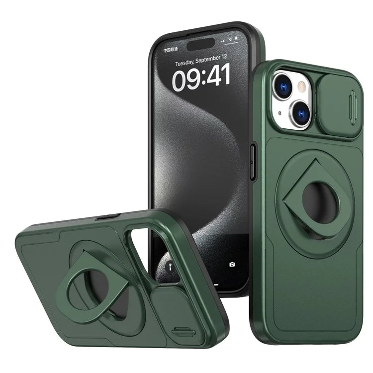 For iPhone 13 / 14 Phone Case Kickstand Magnetic Back Shell with Slide Camera Coverish Green