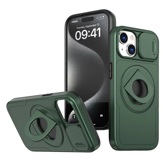 For iPhone 13 / 14 Phone Case Kickstand Magnetic Back Shell with Slide Camera Coverish Green