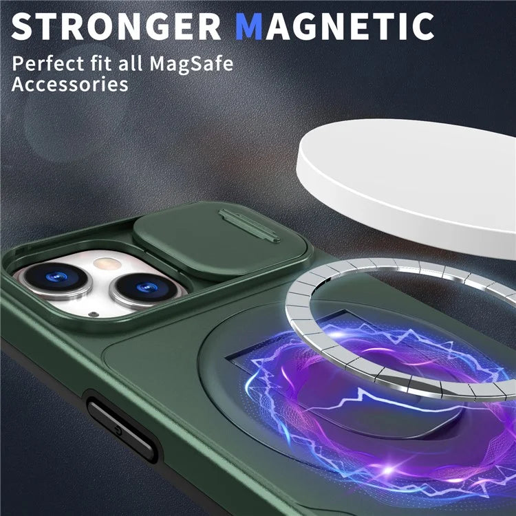 For iPhone 13 / 14 Phone Case Kickstand Magnetic Back Shell with Slide Camera Coverish Green